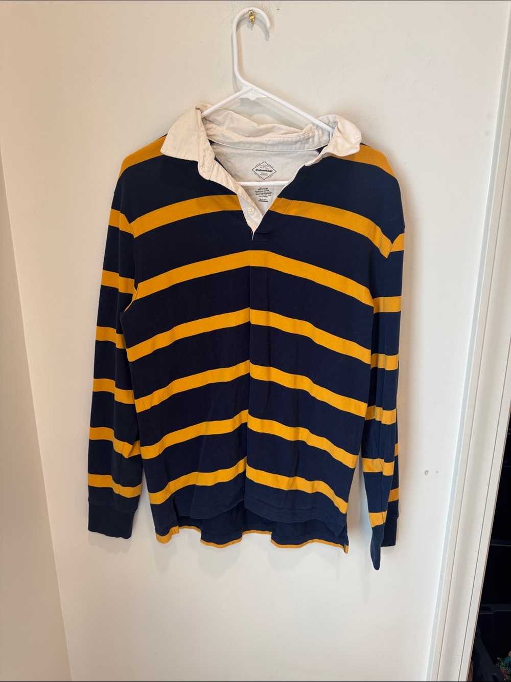 St. John's Bay Navy Blue Gold Striped Long Sleeve Rugby Shirt Polo Size L
